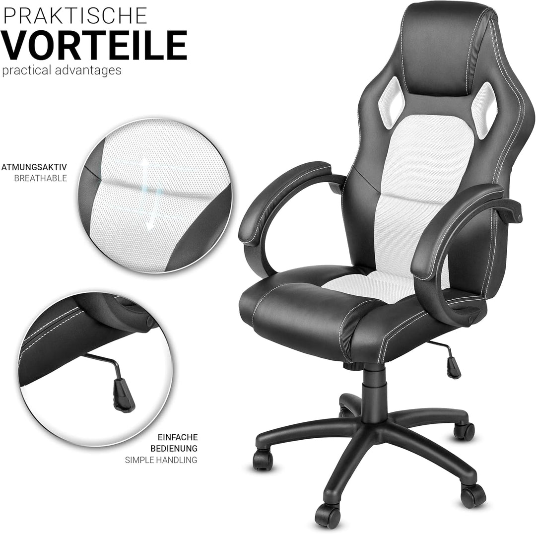 TRESKO Racing Chefsessel Bürostuhl Drehstuhl 14 Farbvarianten, gepolsterte Armlehnen, Wippmechanik,