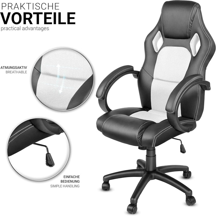 TRESKO Racing Chefsessel Bürostuhl Drehstuhl 14 Farbvarianten, gepolsterte Armlehnen, Wippmechanik,