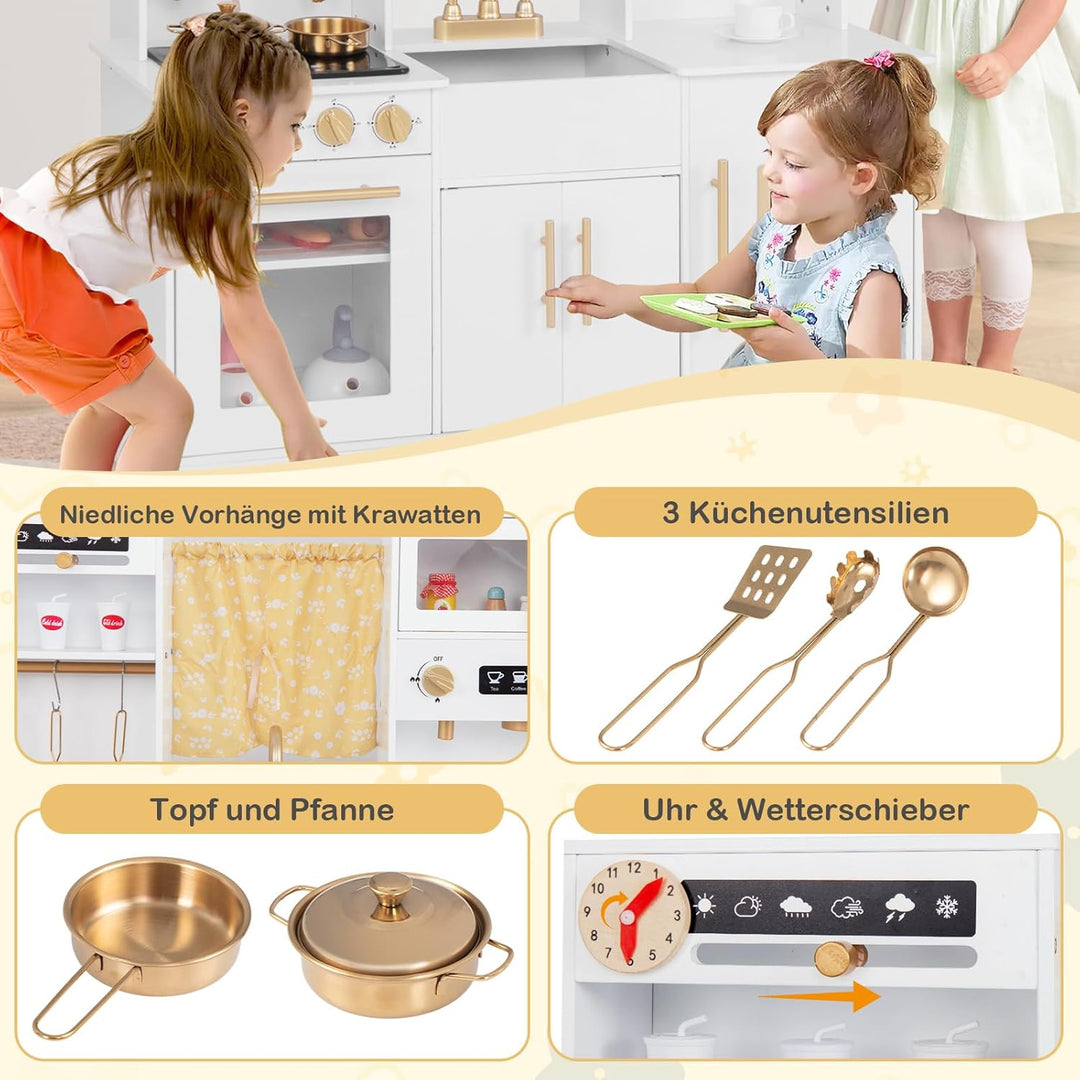 COSTWAY Kinderküche aus Holz, Spielküche mit Licht und Sound, Kinder Küche mit Spüle, Wasserhahn, He