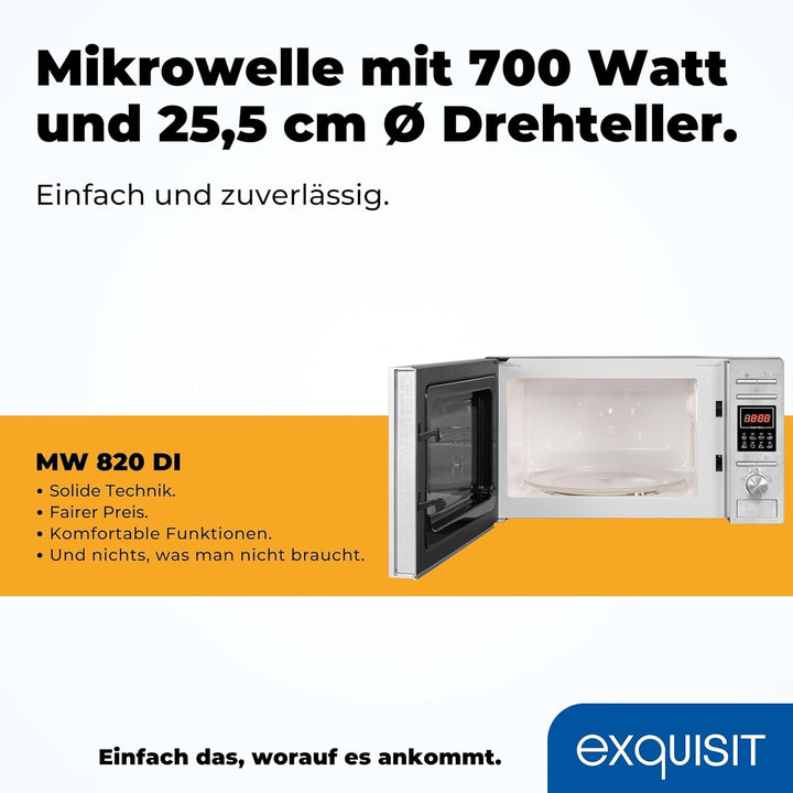 Exquisit Mikrowelle MW 820 DI | Stanfgerät | Silber | 25,5 cm Drehteller | 20 L Garraum | Beleuchtun