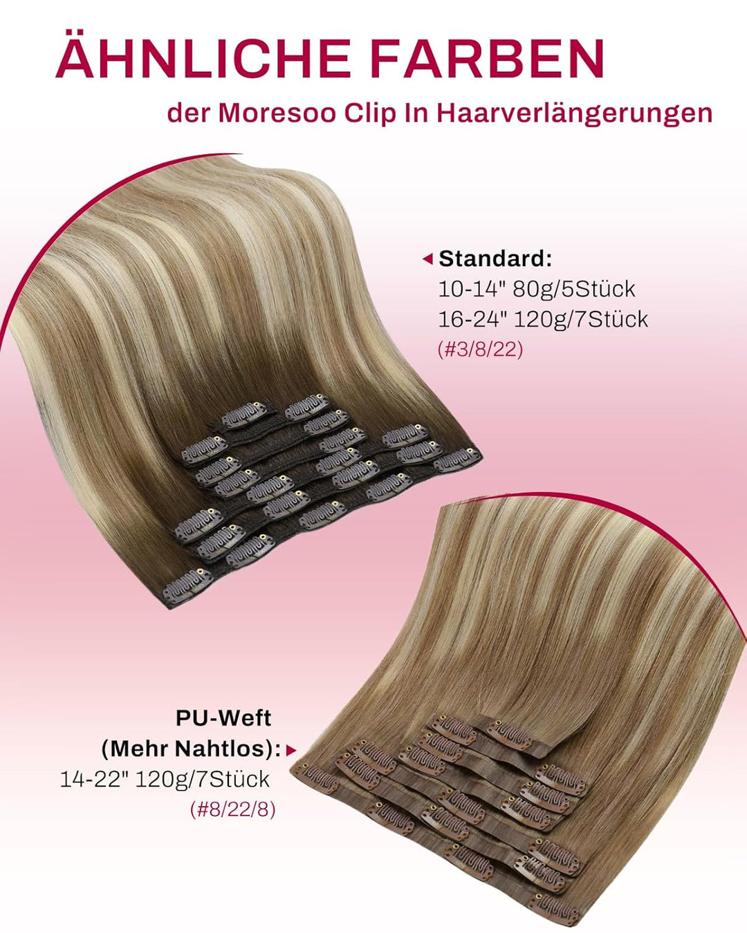 Moresoo Echthaar Extensions Clip Braun Clip in Extensions Echthaar Remy Ombre Haarverlängerung Echth