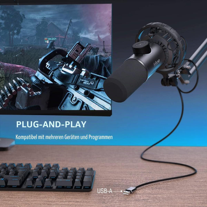 FIFINE USB Gaming Mikrofon, RGB Dynamische Mikrofone PC mit Stummschalttaste, Plug-and-Play Nierench