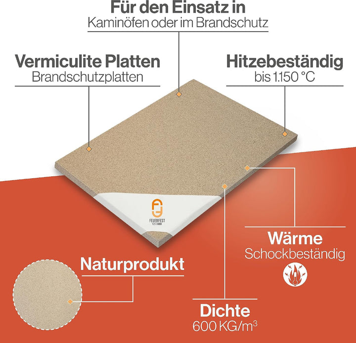 Feuerfest 123 - Vermiculite Platten 4 Stück, 300x200x20 mm, Schamotte Ersatz zur Reparatur von Feuer