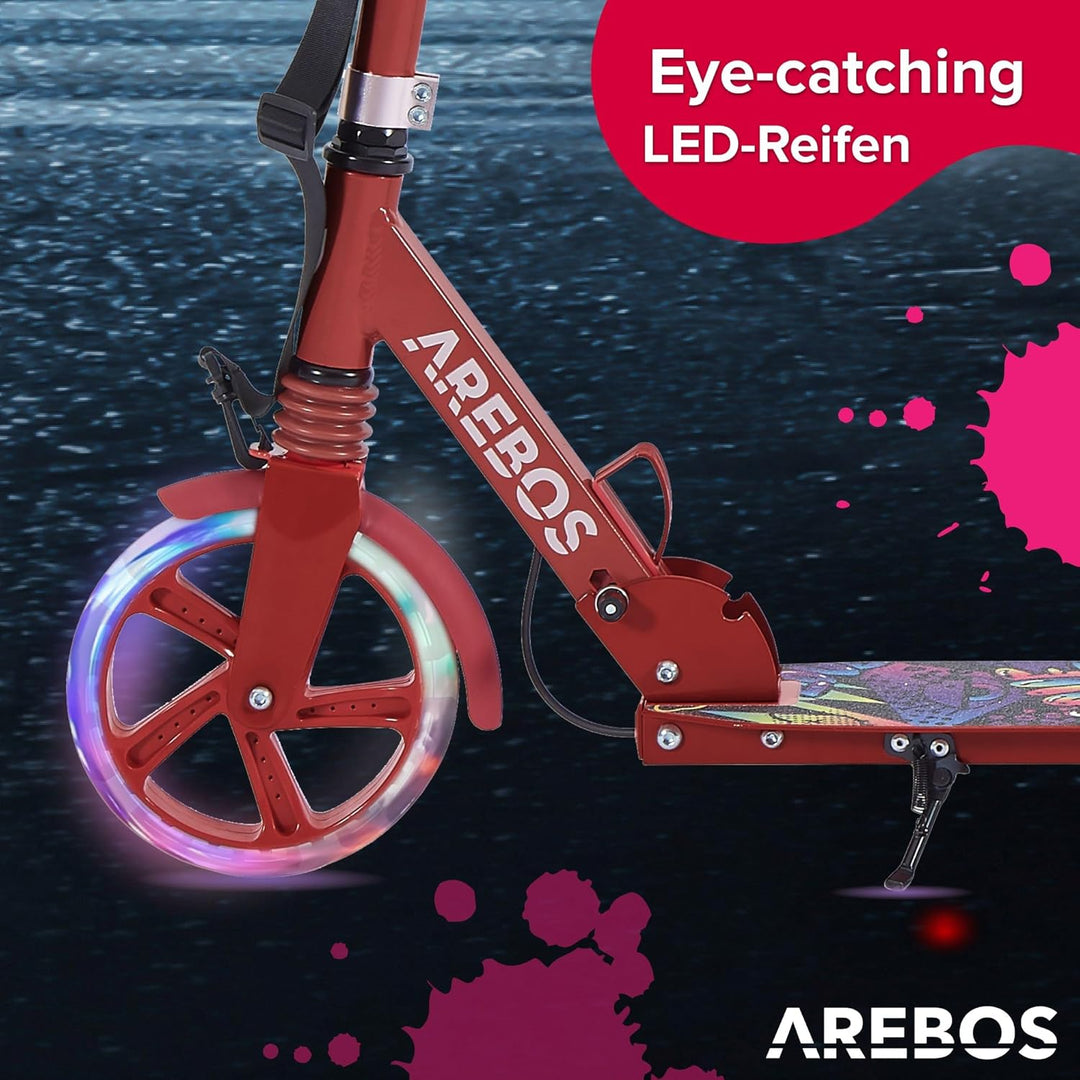 Arebos Cityroller Tretroller mit LED | höhenverstellbar | klappbar | inkl. Tragegurt | Hand- & Tritt