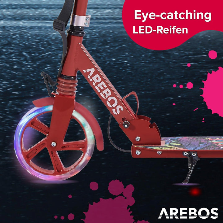 Arebos Cityroller Tretroller mit LED | höhenverstellbar | klappbar | inkl. Tragegurt | Hand- & Tritt