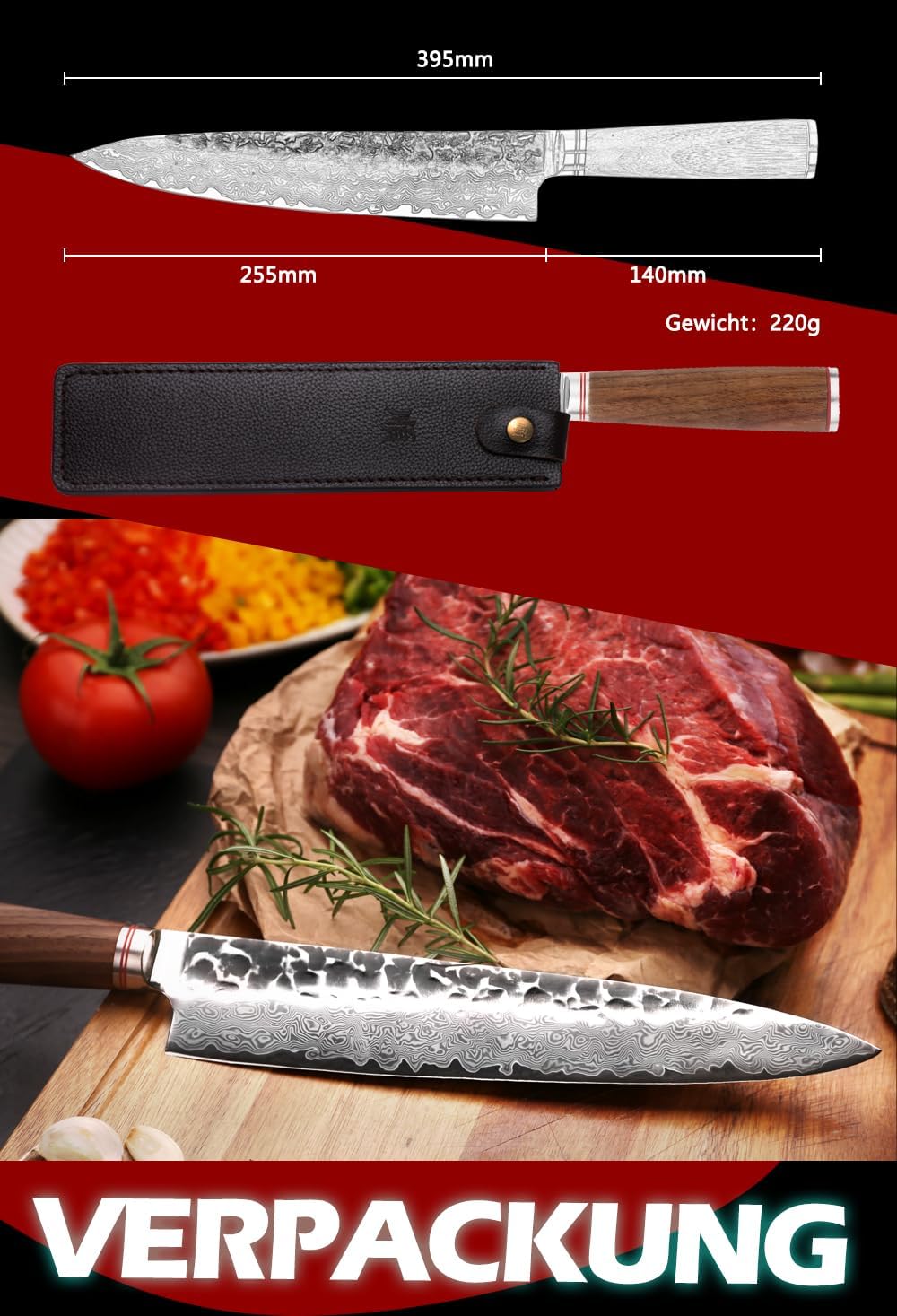 YOUSUNLONG Kochmesser 10 Zoll Pro Gyuto Japanischer Griff aus gehämmertem Damaststahl aus natürliche