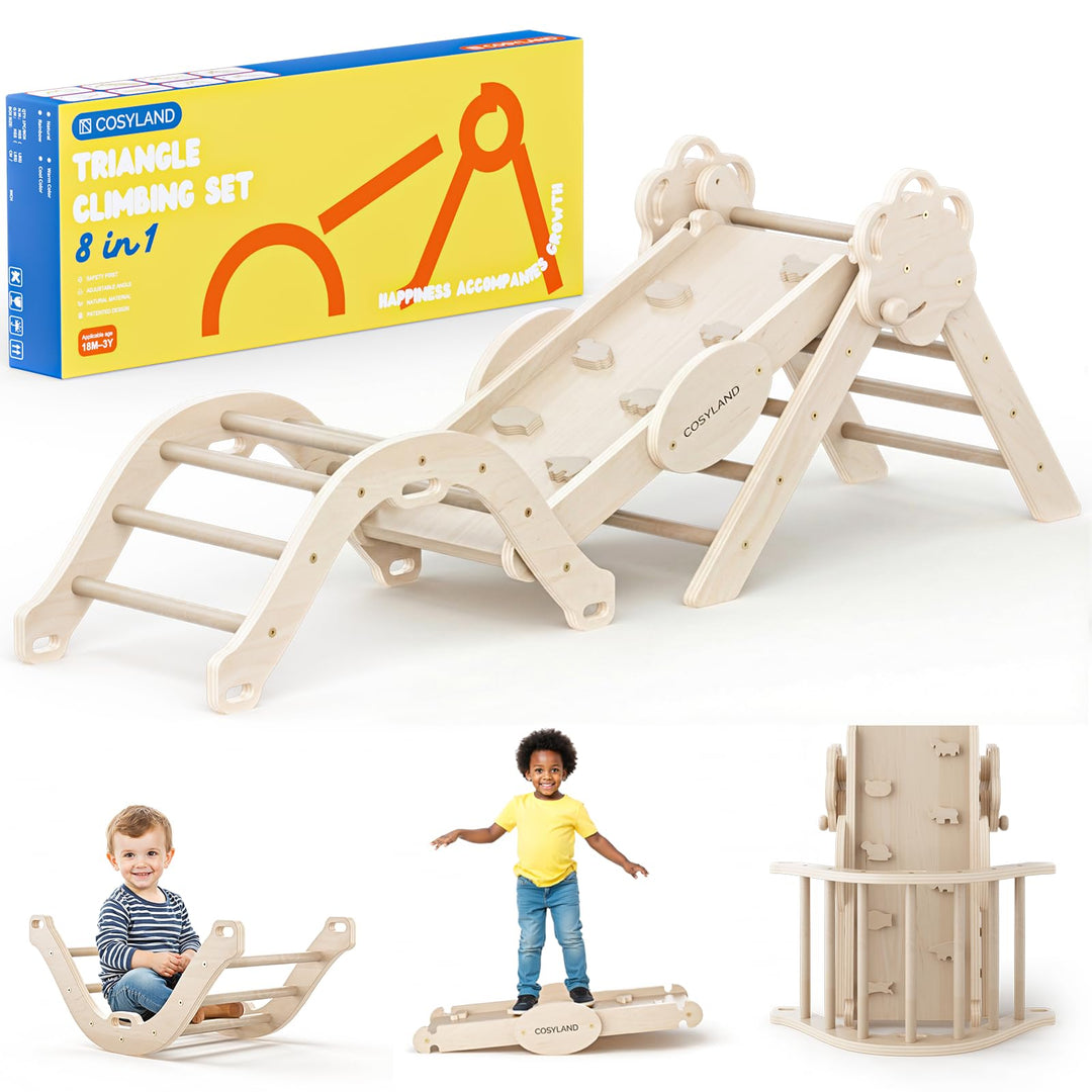 COSYLAND 8-in-1 Montessori Klettergerüst Indoor ab 1 Jahr – Kletterdreieck mit Rutsche, Kletterbogen