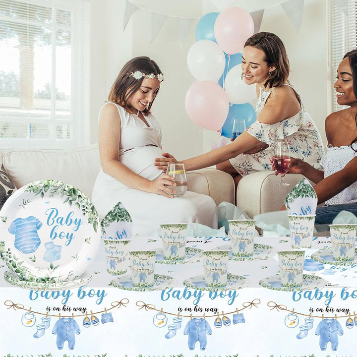 Doyomtoy Gender Reveal Partygeschirr,61Stück Babyparty Deko Junge Partygeschirr Set,Boy Baby Shower