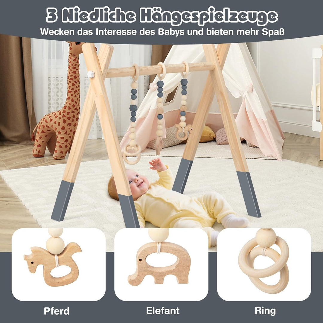 COSTWAY Baby Spielbogen Holz, Spieltrapez klappbar, Baby Gym mit 3 abnehmbaren Kinderspielzeugen, Sp