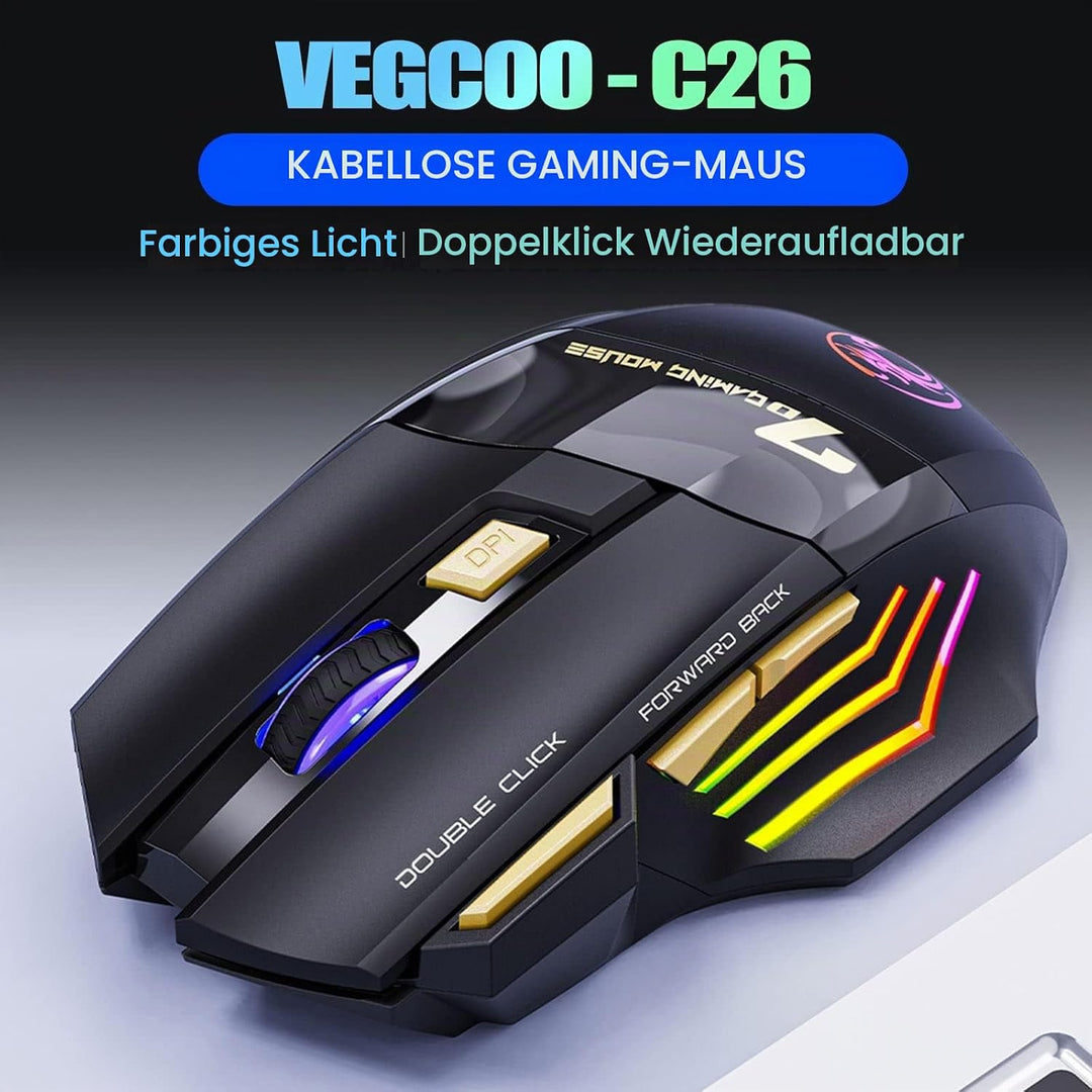 VEGCOO C8 Wireless Gaming Maus, wiederaufladbare Silent Click Gaming Maus mit 2.4G USB-Empfänger, 3
