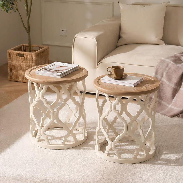 Couchtisch Rund 2er-Set, Beistelltisch Holz mit Durchbrochene Tischbeine,Moderner Couchtisch mit erh