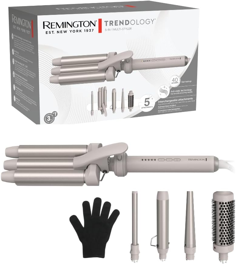 Remington Lockenstab 5in1 [Welleneisen, Rundbürste 38mm, 3 Lockenaufsätze 13-33mm] Trendology (LED d