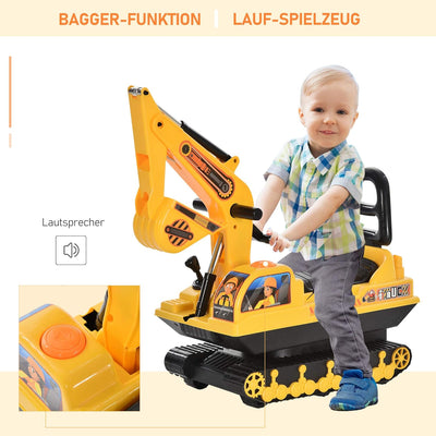 HOMCOM Kinder Sitzbagger Sandbagger für Kinder mit Schaufel, Hupe, Aufsitzbagger mit Stauraum, Rutsc