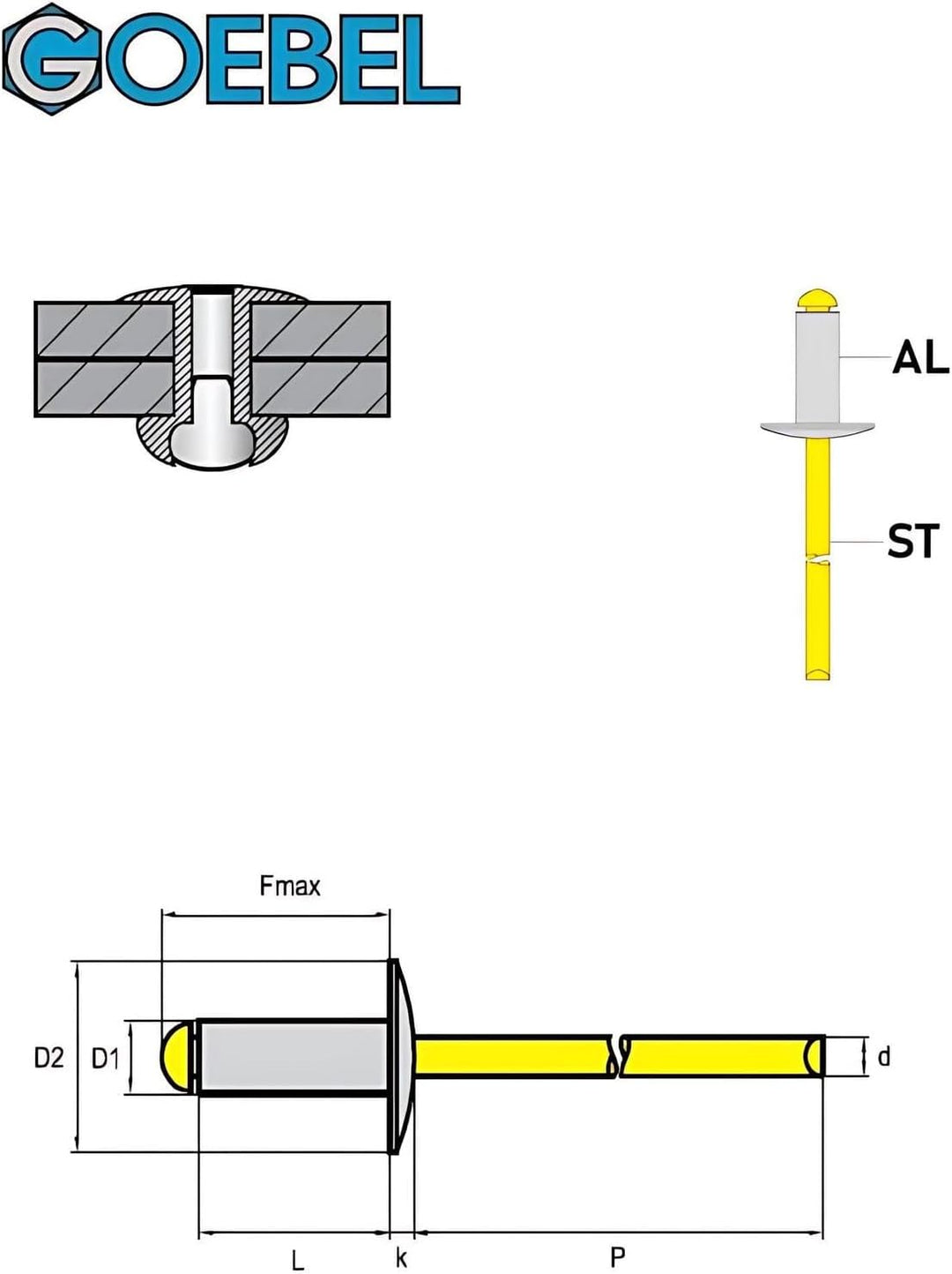 GOEBEL® - 250 x Blindnieten Aluminium/Stahl (Ø x L) 5,0 x 8,0 mm mit Grosskopf - Grosskopf Niete - P