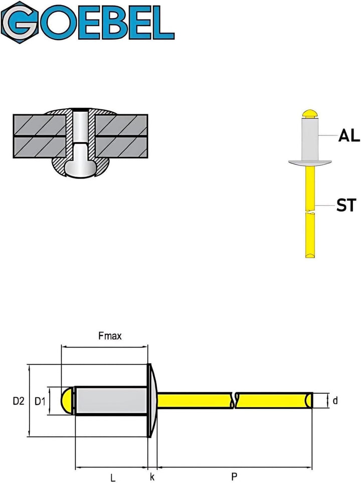 GOEBEL® - 250 x Blindnieten Aluminium/Stahl (Ø x L) 5,0 x 8,0 mm mit Grosskopf - Grosskopf Niete - P