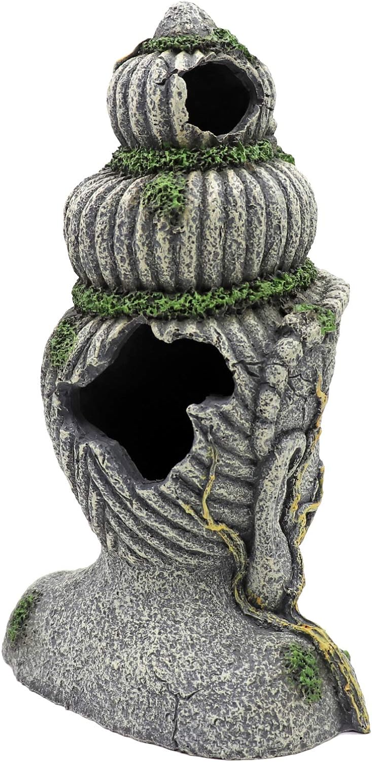 MUYIRTED Buddha Aquarium Dekoration Höhle Grosse Aquarium Ornamente, Grüne Moos Pflanze Bedeckt Stei