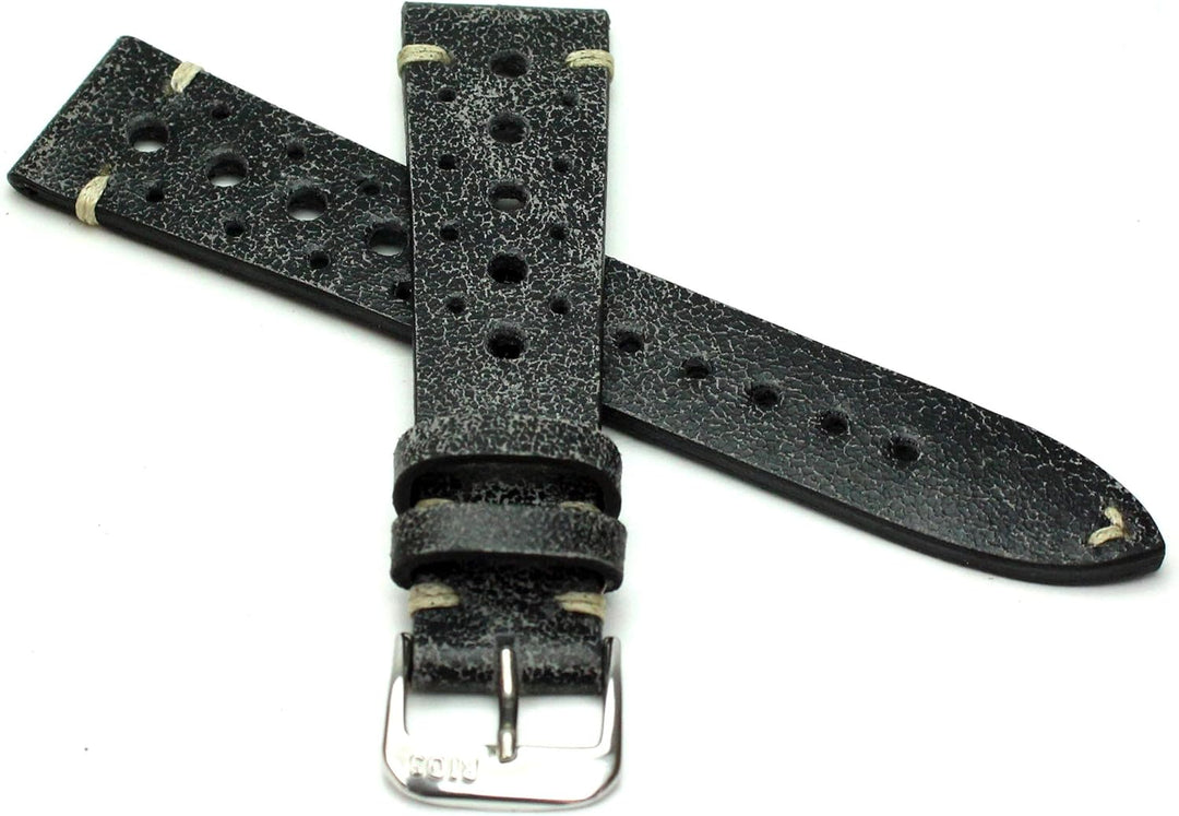 RIOS1931 Rallye Vintage Rindsleder Uhrenarmband handgemacht in Deutschland 20mm Scratched Black