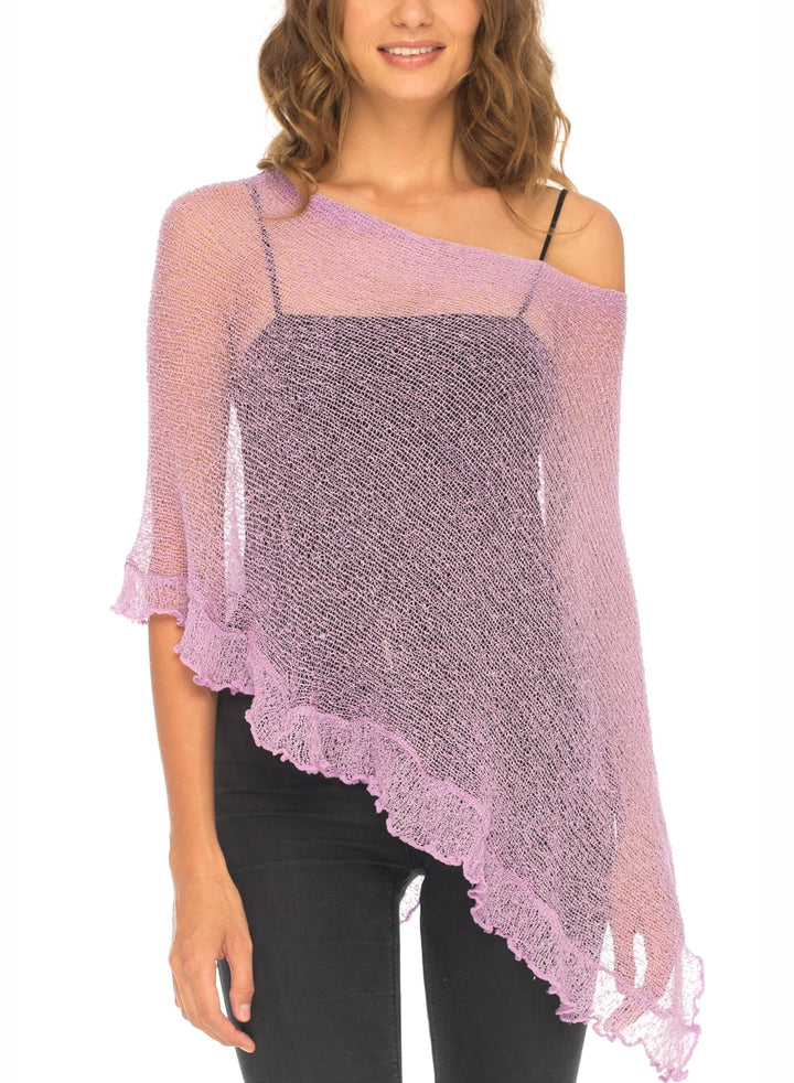 SHU-SHI - Damen Poncho-Top mit Rüschen - transparent - leichtes Strickmaterial Lavendelfarben, Laven