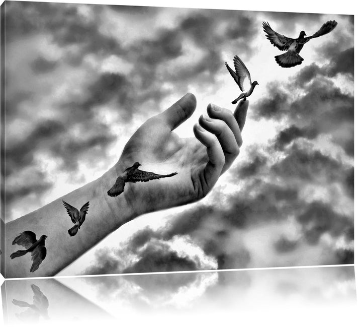 Pixxprint Monocrome, Vögel fliegen in die Freiheit, Format: 100x70 auf Leinwand, 100x70