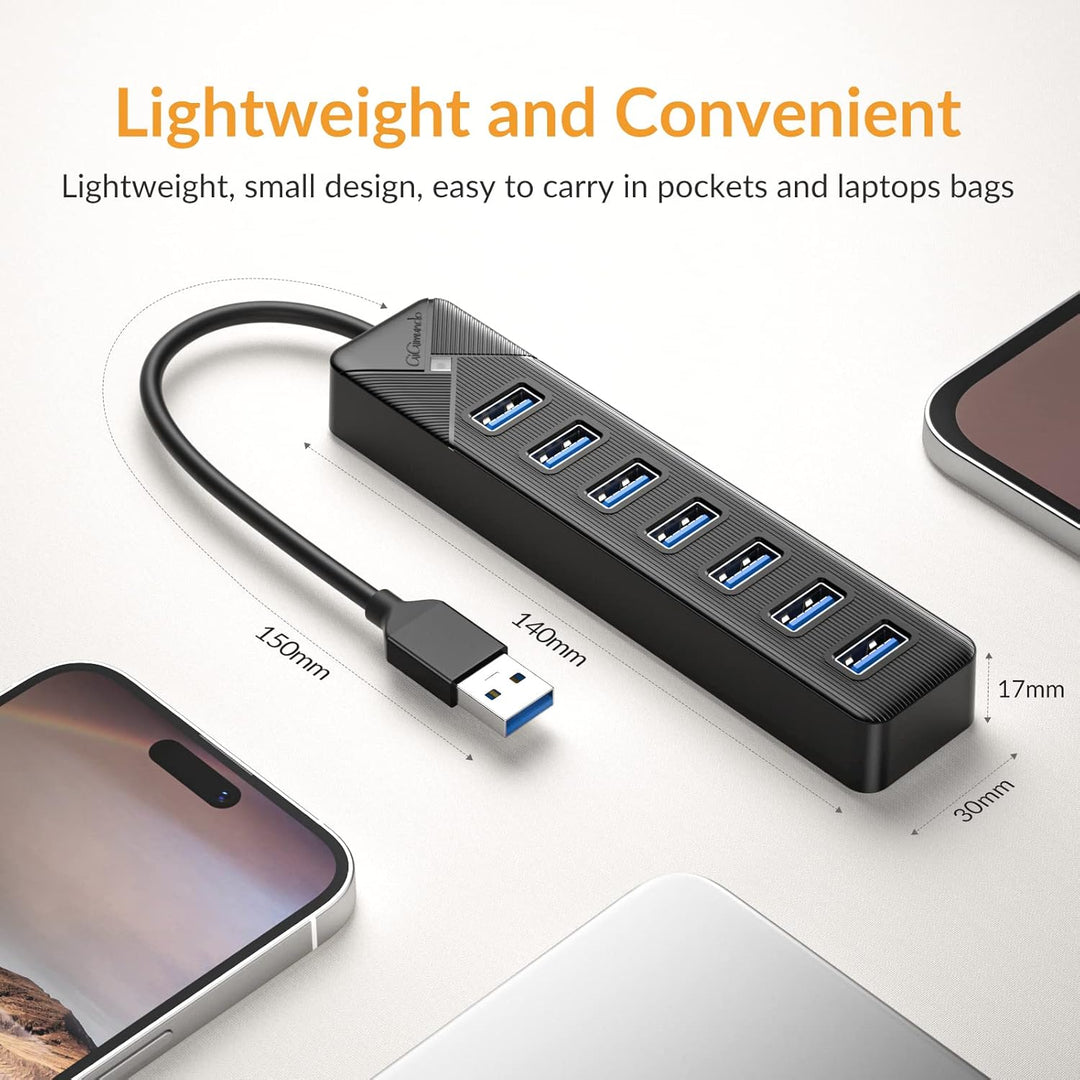 GiGimundo PG7U USB Hub 3.0, 7-Port USB Verteiler, 15CM Kurz Kabel mit 5V/3A Stromeingang, Mehrfach U