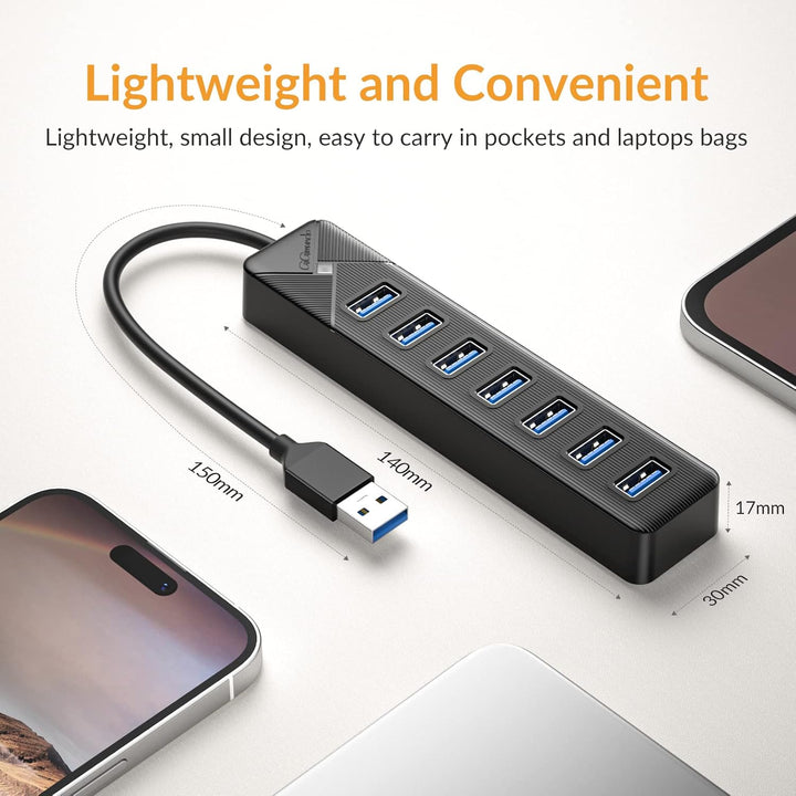 GiGimundo PG7U USB Hub 3.0, 7-Port USB Verteiler, 15CM Kurz Kabel mit 5V/3A Stromeingang, Mehrfach U