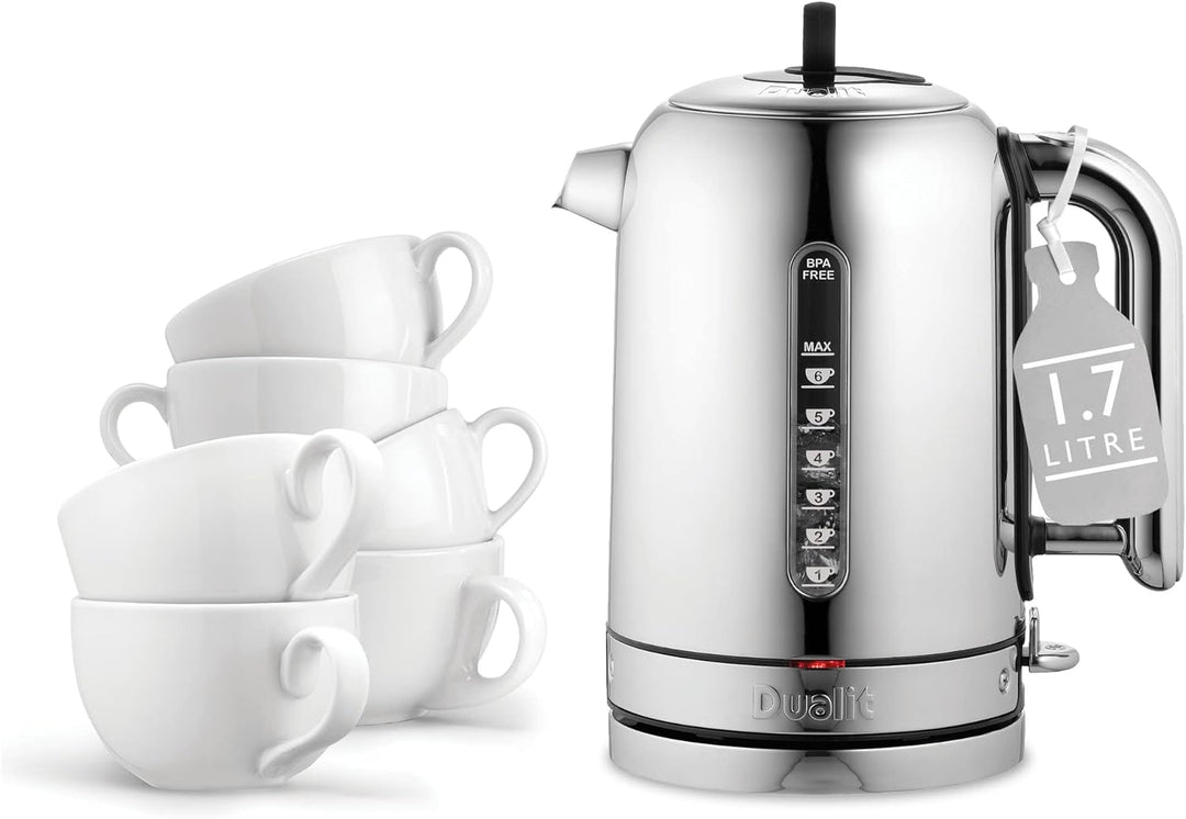 Dualit Classic Wasserkocher – Wasserkocher Design Edelstahl Hochglanz mit Schwarzem Rand –Schnellauf
