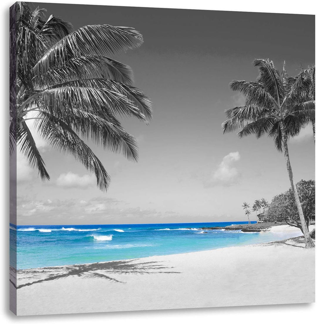 Pixxprint schöner Strand mit Palmen schwarz/weiss, Format: 70x70 auf Leinwand, 70x70