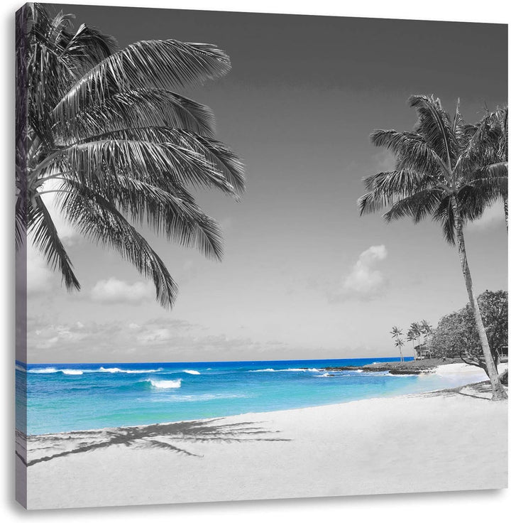 Pixxprint schöner Strand mit Palmen schwarz/weiss, Format: 70x70 auf Leinwand, 70x70