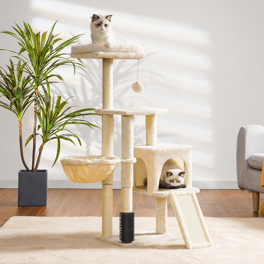 Heybly Kratzbaum mit Katzenbürste, Katzenbaum für Hauskatzen mit Gepolsterter Sitzstange aus Plüsch,