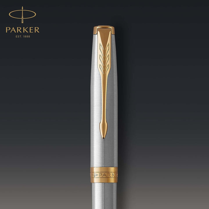 Parker Sonnet Kugelschreiber | Edelstahl mit Goldzierteilen | Mittlere Spitze | schwarze Tinte | Ges