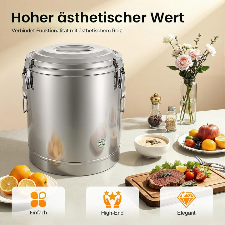 Transport Thermobehälter für Essen, 10/20/30L Gastro Warmhaltebehälter Isolierter Edelstahl Thermobo