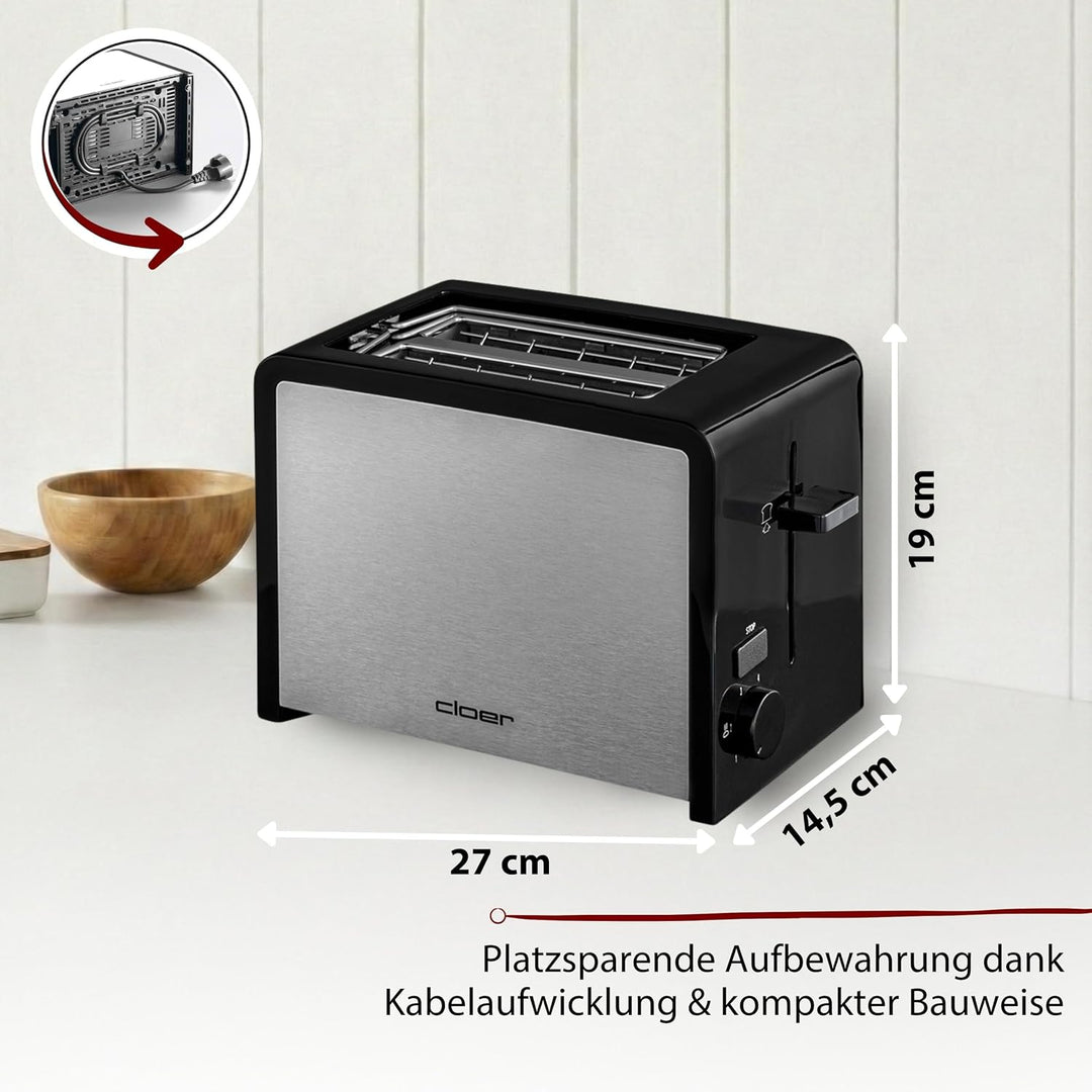 Cloer 3210 Toaster, 825 W, für 2 Toastscheiben, integrierter Brötchenaufsatz, Nachhebevorrichtung, K