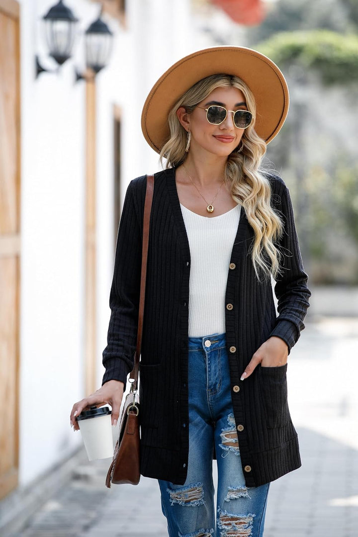 GRECERELLE Damen Leichte Strickjacke Lang mit Taschen und Knöpfen Long Elegant Cardigan V-Ausschnitt