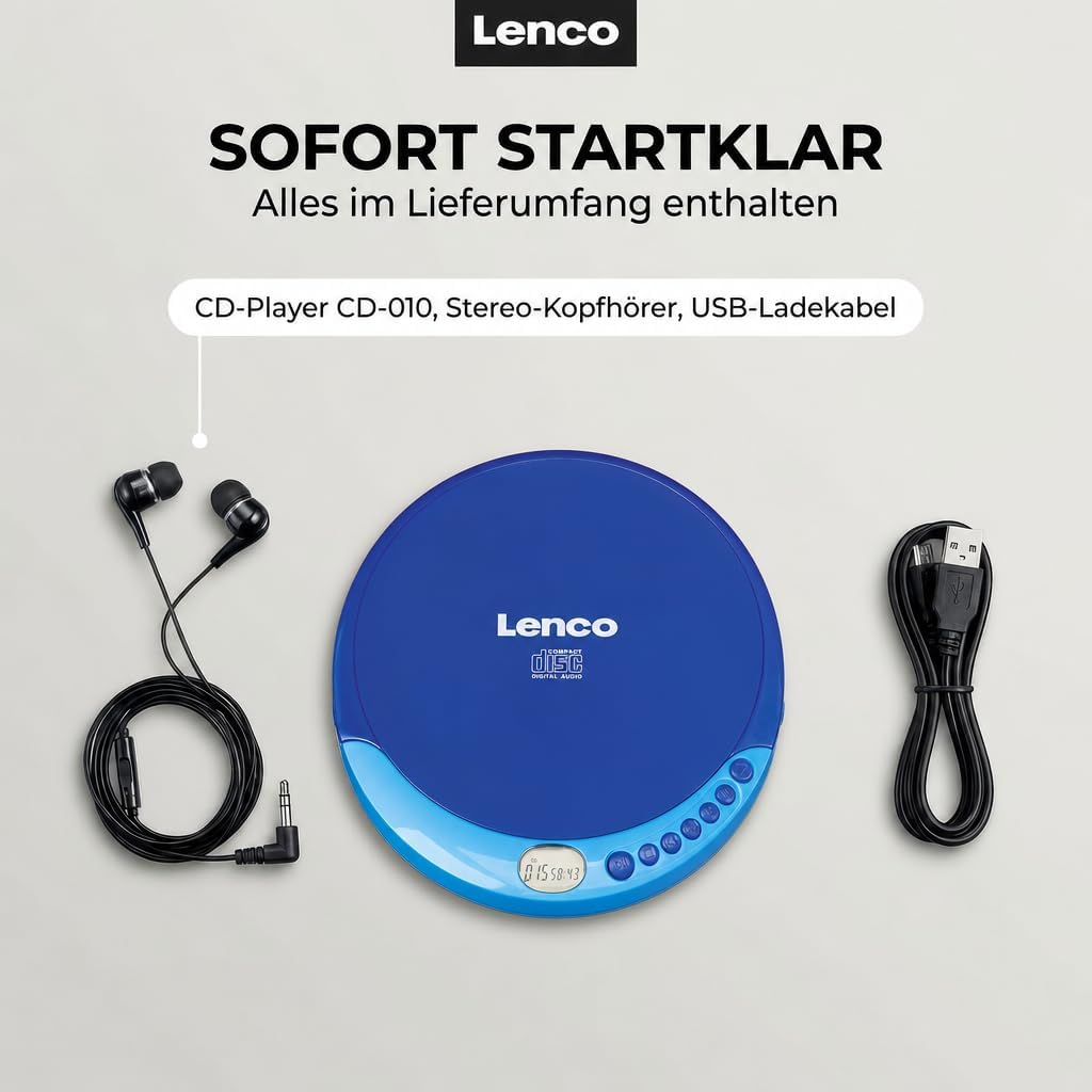 Lenco CD-011 - Tragbarer CD-Player Walkman - Diskman - CD Walkman - Mit Kopfhörern und Micro USB Lad