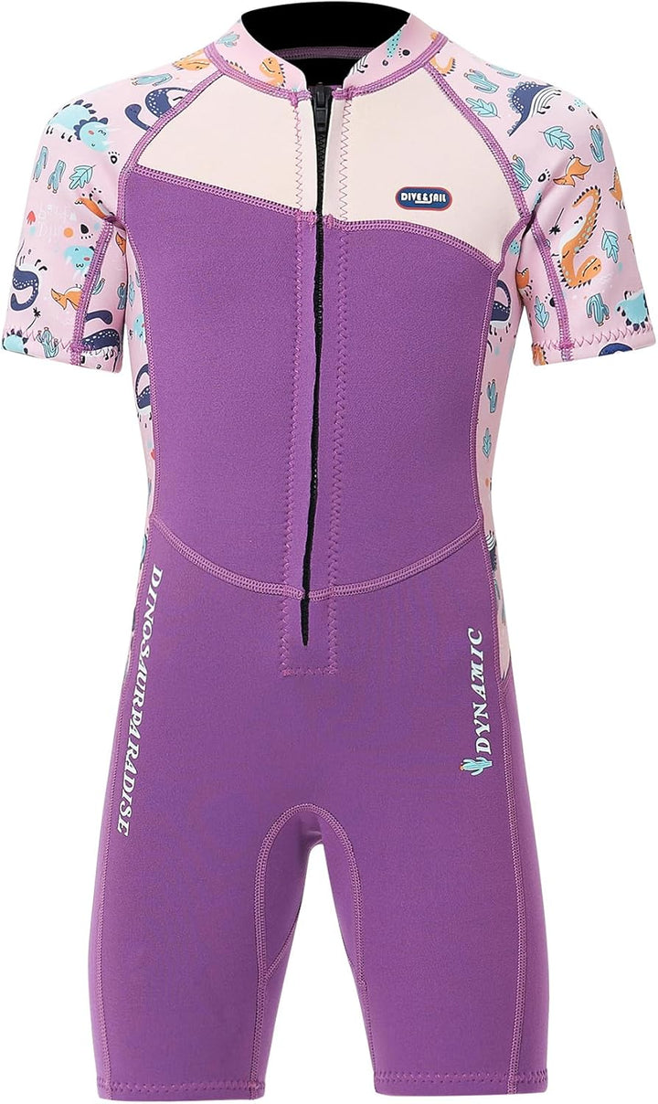 Mädchen 2.5mm Neoprenanzug Kinder Einteiler Tauchanzug Tropisch Violet Kurzarm Shorty Badeanzug Schn