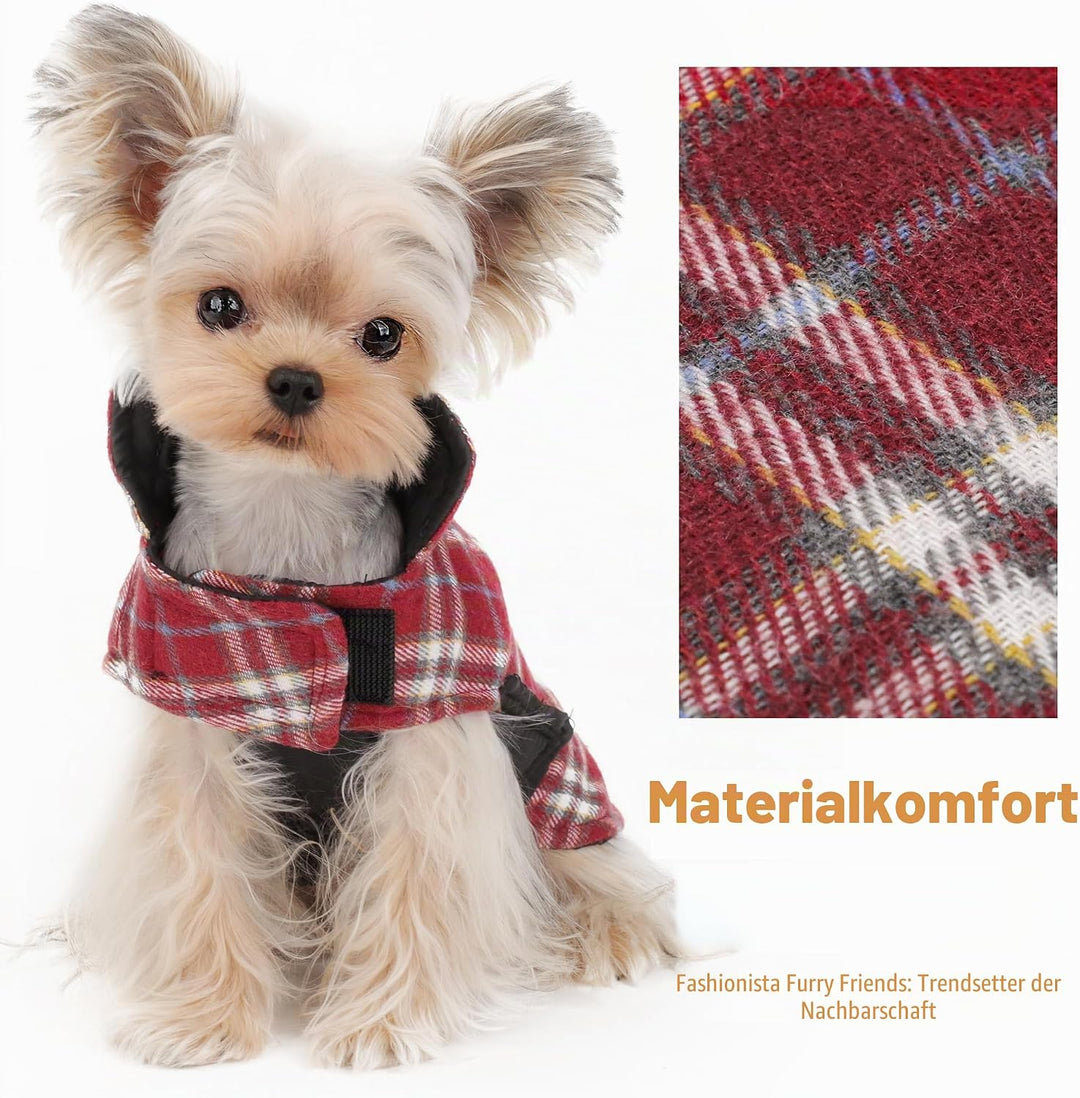 Wendbarer Warmer Hundemantel mit Klettverschlüssen: britischer Stil, Karierte Jacke für den Winter,