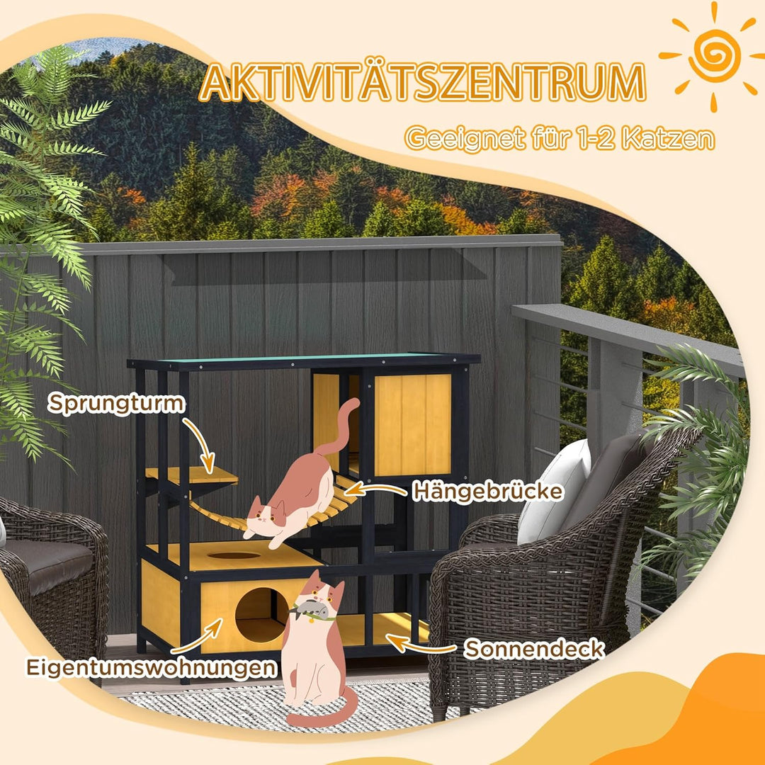 PawHut Katzenhaus aus Holz Katzenhöhle für Draussen, Wetterfest Katzenhütte mit Asphaltdach, Hängebr