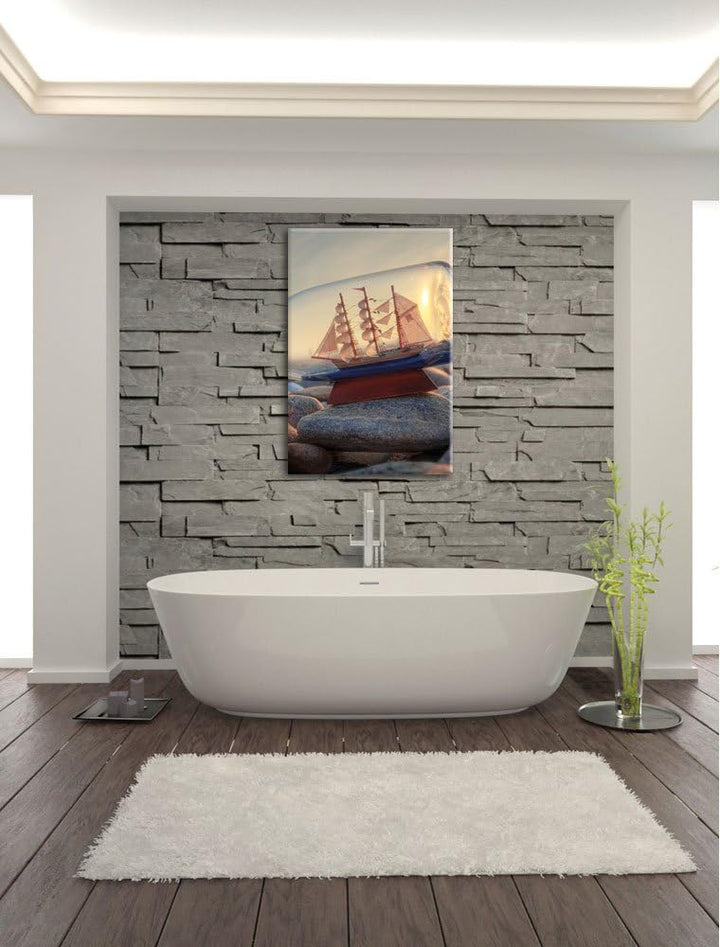 Flasche mit Schiff, Format: 100x70 auf Leinwand, XXL riesige Bilder fertig gerahmt mit Keilrahmen, K