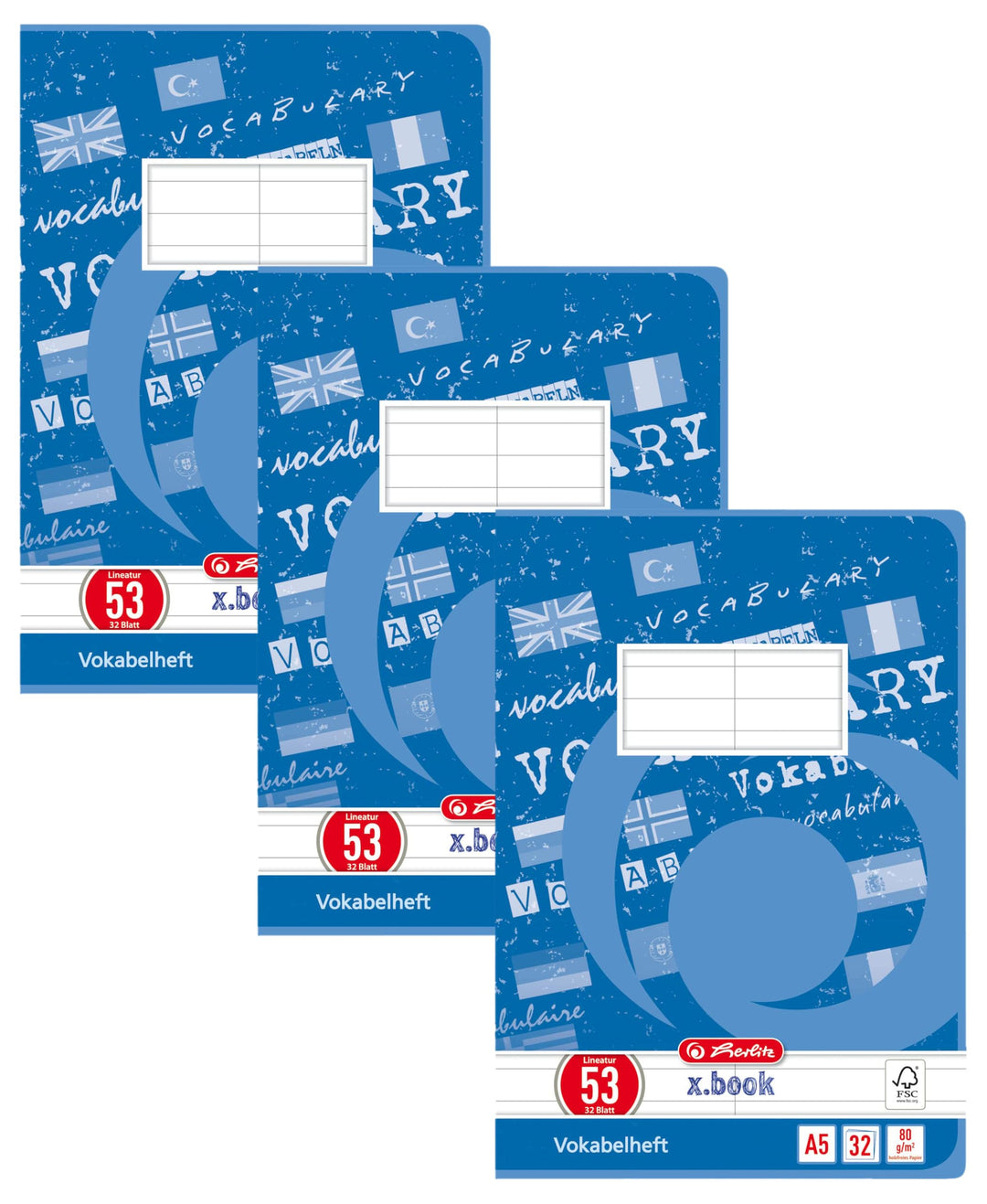Herlitz 415588 Vokabelheft A5, 32 Blatt, Lineatur 53, FSC Mix, 5 Stück (Packung mit 3) 32 Blatt (Pac