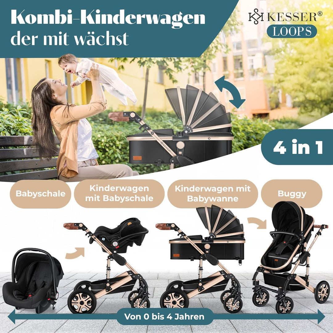 KESSER® Loops 4 in 1 Kinderwagen Kombikinderwagen Komplett-Set inkl. Babywanne & Buggy Sportsitz & A