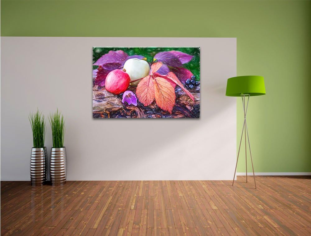 Pixxprint Äpfel und Blätter im Herbst als Leinwandbild | Grösse: 100x70 | Wandbild| Kunstdruck | fer