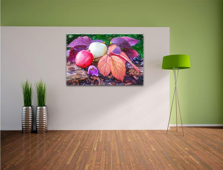 Pixxprint Äpfel und Blätter im Herbst als Leinwandbild | Grösse: 100x70 | Wandbild| Kunstdruck | fer