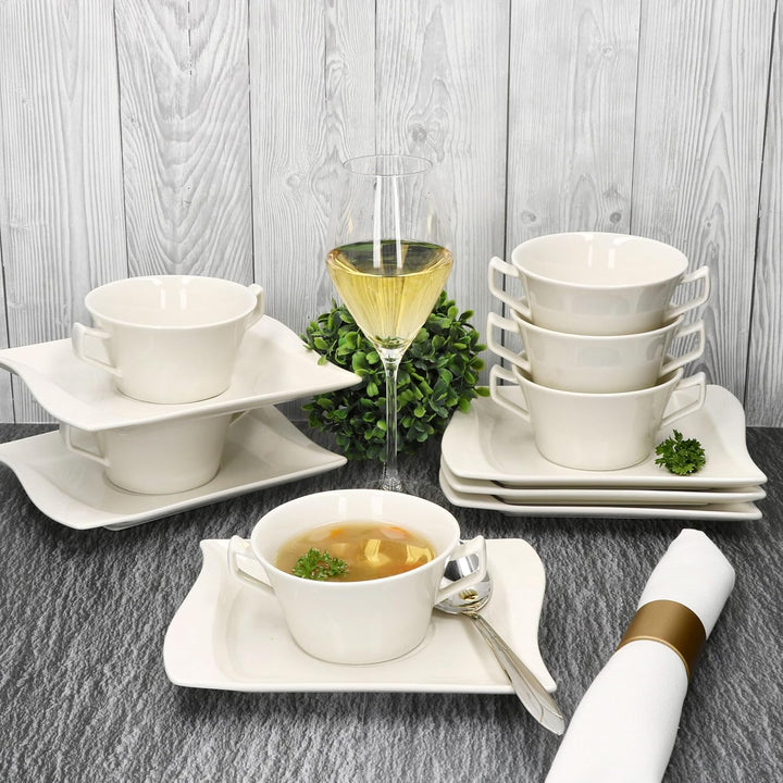 MamboCat 6er Set Ivory Suppentasse 200 ml mit Untertassen I elfenbeinweisse Porzellan-Suppenterrine