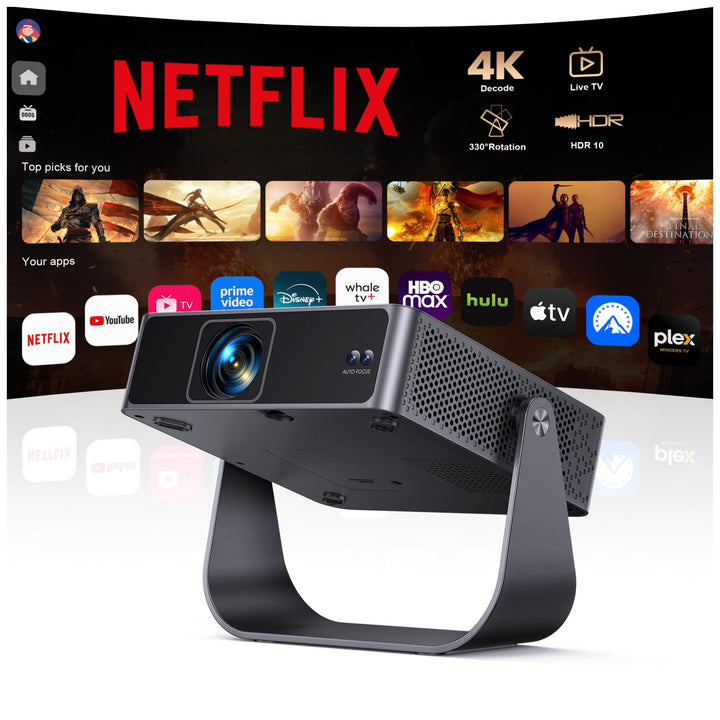 Smart Beamer【Kompatibel mit Netflix/Live TV/330° Drehbar】 Mini Beamer 4K mit Autofokus/6D Trapezkorr