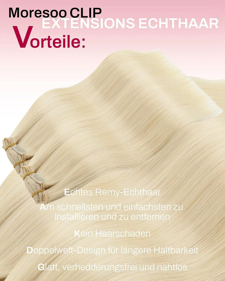 Moresoo Clip in Extensions Echthaar Blond Remy Echthaar Extensions Clip Platinblond Doppelt Tressen