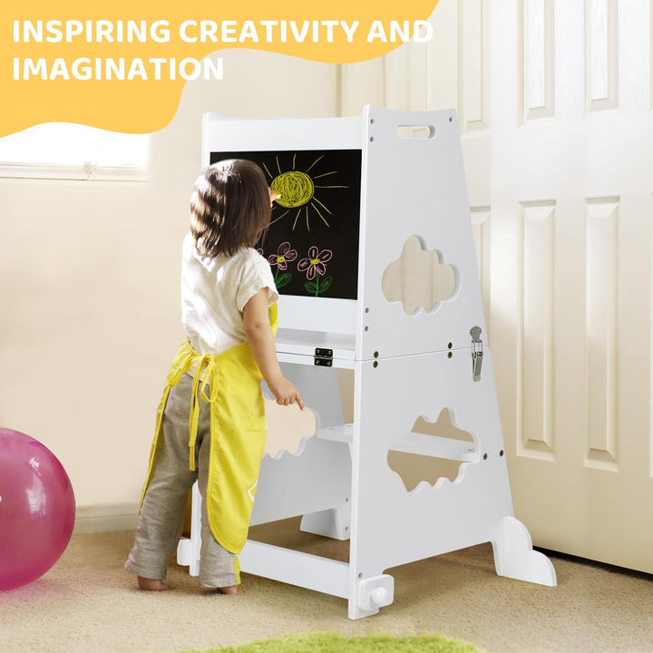 KIDINIX Lernturm ab 1 Jahr, 3 in 1 Montessori Learning Tower mit Sicherheitsgeländer und Tafel, Klap