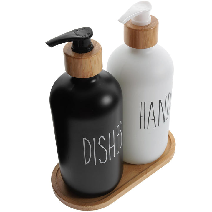 DOITOOL 500ml Lotion Spender Satz aus Glas und Bambus mit Praktischem Tablett Nachfüllbarer Pumpspen