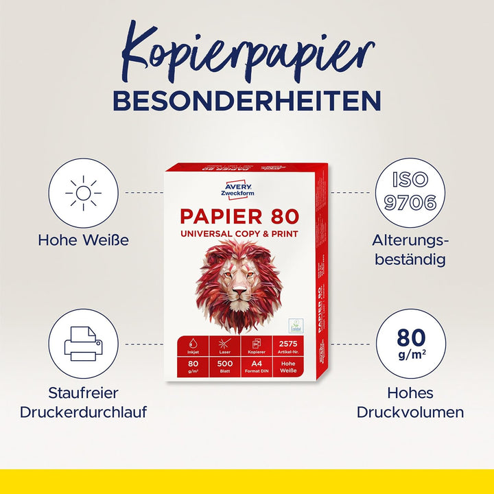AVERY Zweckform 2575 Drucker-/Kopierpapier (2.500 Blatt, 80 g/m², DIN A4 Papier, für alle Drucker) 1