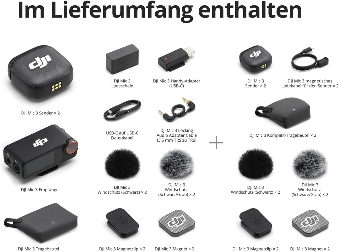 DJI Mic 3 (4 Sender + 1 Empfänger + Ladeschale), drahtloses Mini-Mikrofon für iPhone/Kamera/Android,