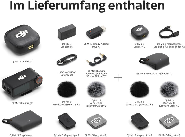 DJI Mic 3 (4 Sender + 1 Empfänger + Ladeschale), drahtloses Mini-Mikrofon für iPhone/Kamera/Android,